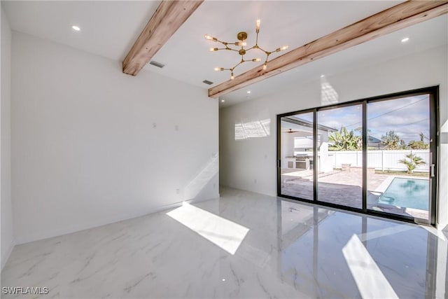 empty room with an inviting chandelier and beamed ceiling