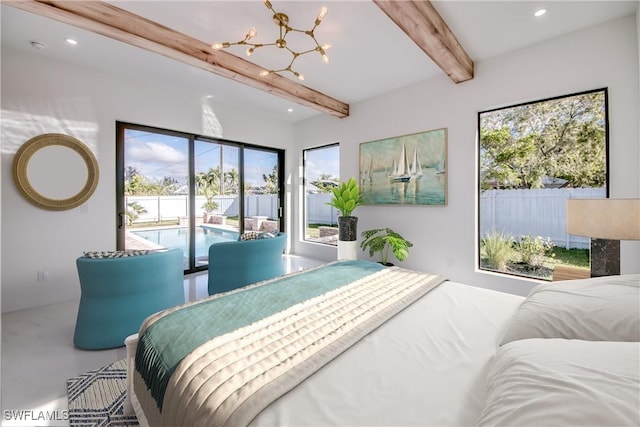 bedroom featuring beamed ceiling, access to exterior, a chandelier, and concrete floors