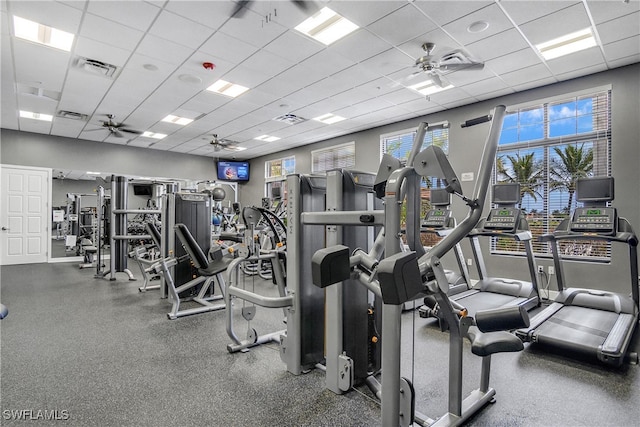 workout area featuring a ceiling fan, visible vents, and a drop ceiling