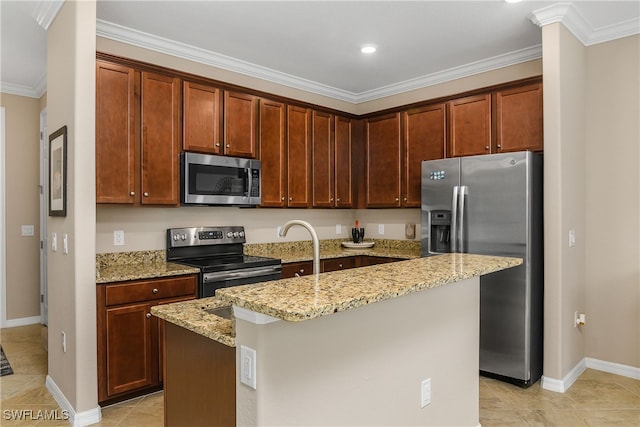 kitchen featuring ornamental molding, an island with sink, appliances with stainless steel finishes, light tile patterned floors, and light stone countertops