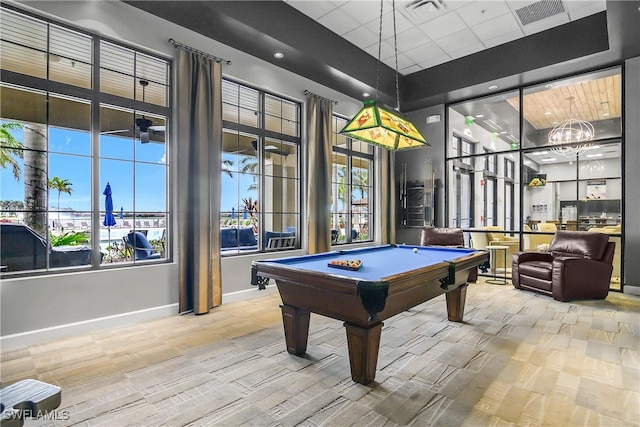 rec room featuring visible vents, a raised ceiling, baseboards, and pool table