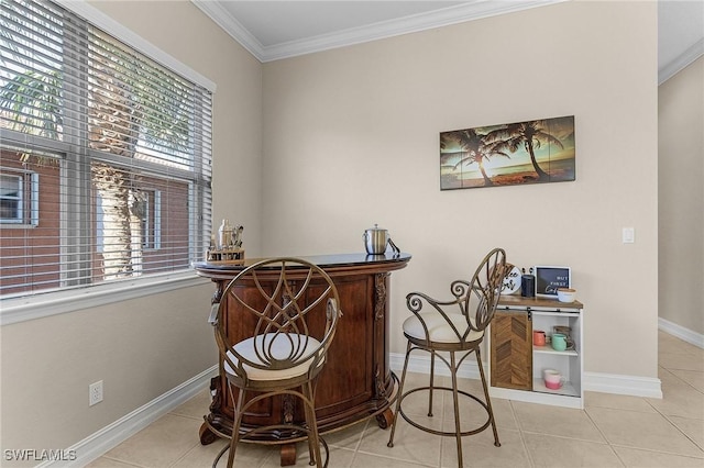 living area featuring ornamental molding and light tile patterned floors