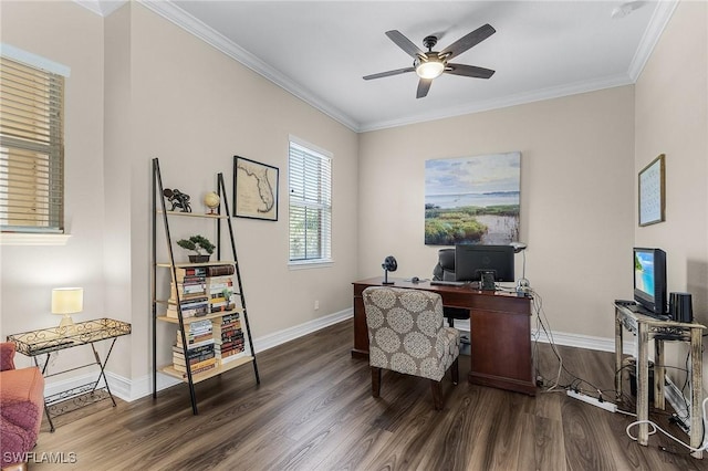 office area featuring ceiling fan, crown molding, and dark hardwood / wood-style floors