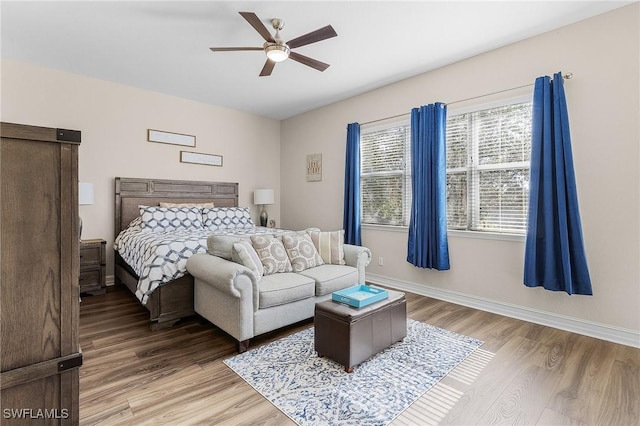 bedroom featuring ceiling fan and wood-type flooring