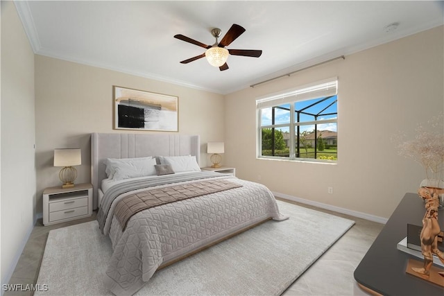 bedroom featuring ceiling fan and ornamental molding