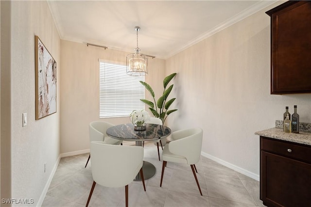 tiled dining room featuring crown molding and a notable chandelier