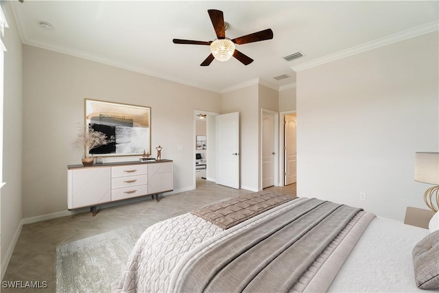 bedroom with ornamental molding, light tile patterned flooring, and ceiling fan