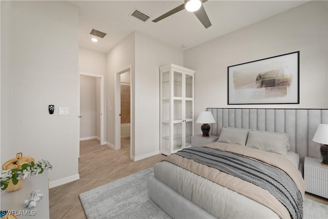 tiled bedroom with ceiling fan