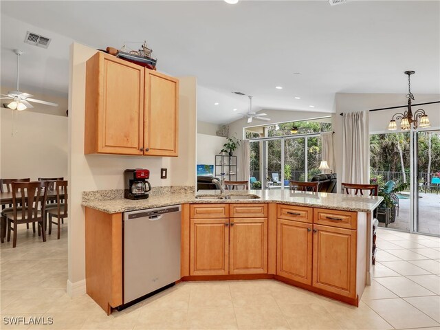 kitchen with stainless steel dishwasher, a sink, visible vents, and ceiling fan with notable chandelier