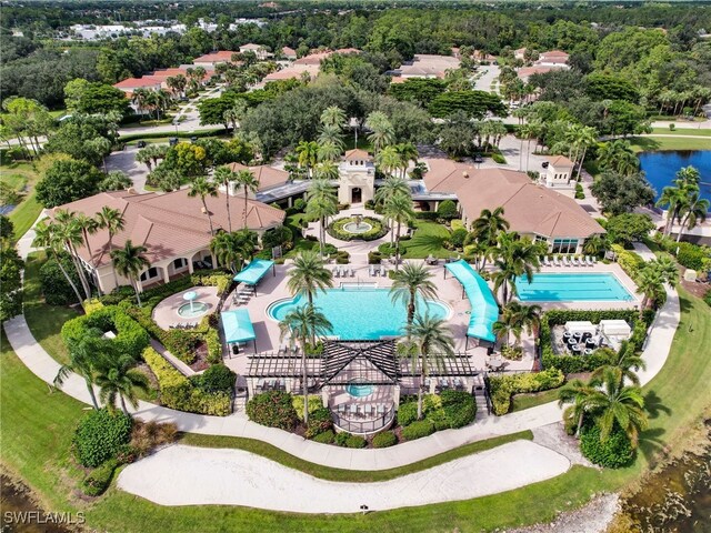 drone / aerial view with a water view