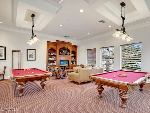 recreation room featuring a raised ceiling, crown molding, carpet floors, and billiards