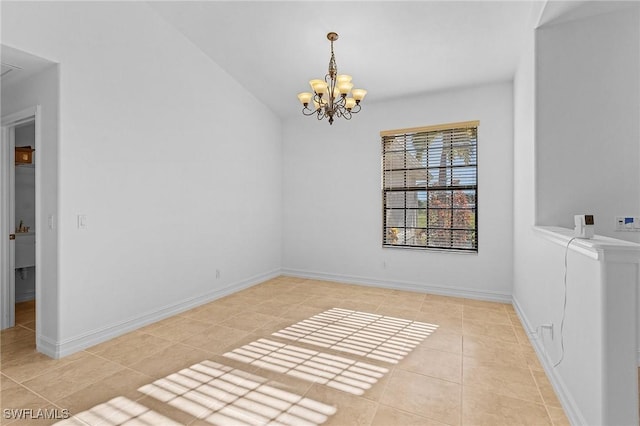 unfurnished room featuring light tile patterned flooring and an inviting chandelier