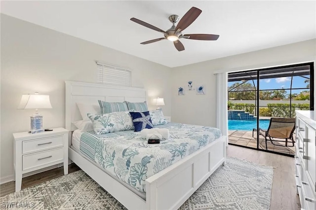 bedroom with ceiling fan, access to exterior, and light hardwood / wood-style flooring