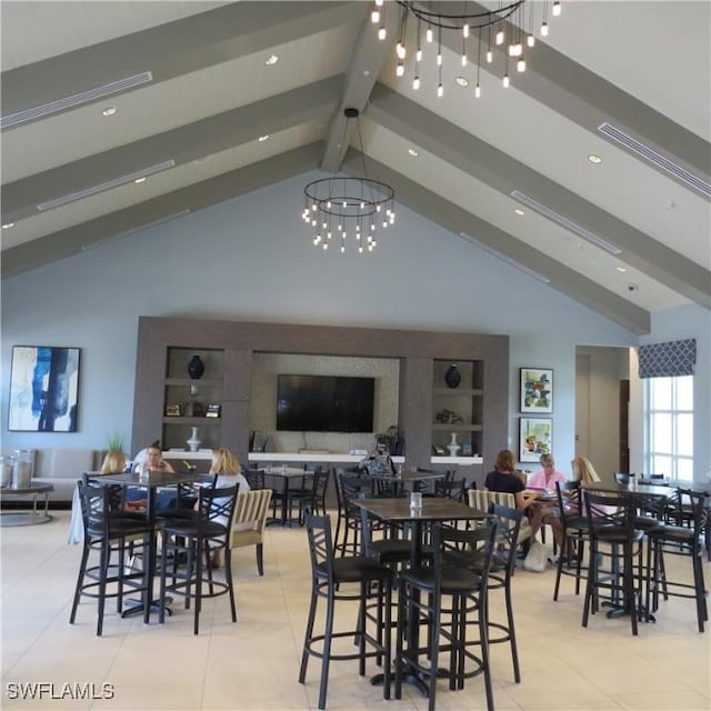 dining space featuring light tile patterned floors, high vaulted ceiling, a chandelier, and beamed ceiling