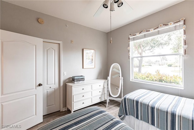 bedroom with ceiling fan, a closet, and hardwood / wood-style flooring