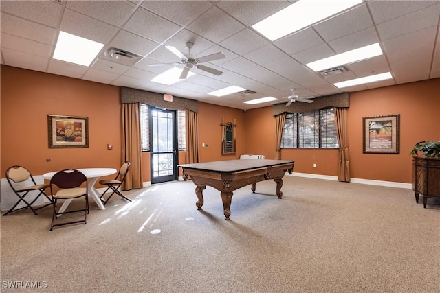 game room with light carpet, a paneled ceiling, ceiling fan, and billiards