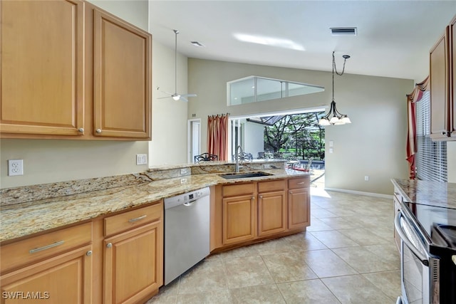 kitchen featuring sink, light tile patterned floors, kitchen peninsula, pendant lighting, and stainless steel appliances