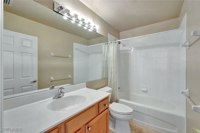 full bathroom with vanity, shower / bathtub combination with curtain, tile patterned floors, and toilet