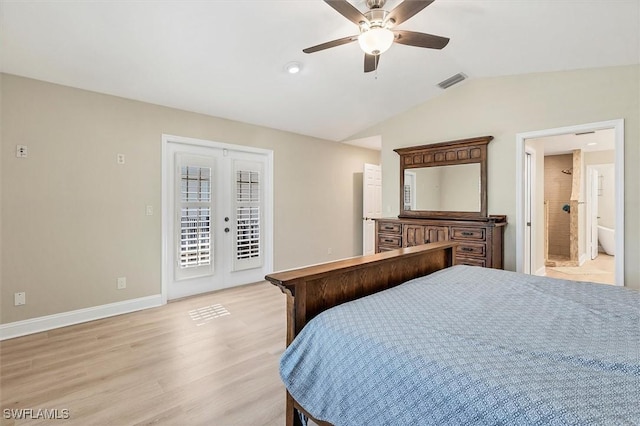 bedroom featuring access to exterior, french doors, vaulted ceiling, ceiling fan, and light hardwood / wood-style flooring