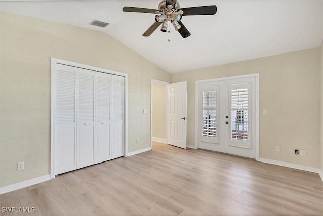 unfurnished bedroom with french doors, light wood-type flooring, access to outside, and ceiling fan