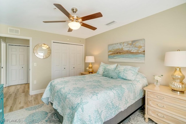 bedroom with ceiling fan and light wood-type flooring