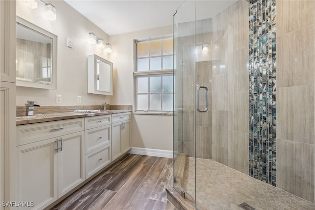 bathroom with wood finish floors, baseboards, double vanity, and a shower stall