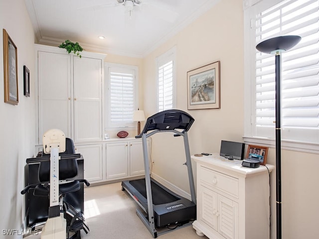 exercise room with light colored carpet and crown molding