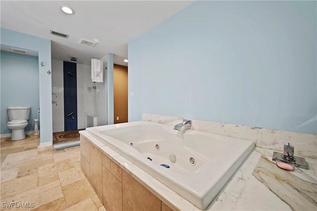 bathroom with plus walk in shower and toilet