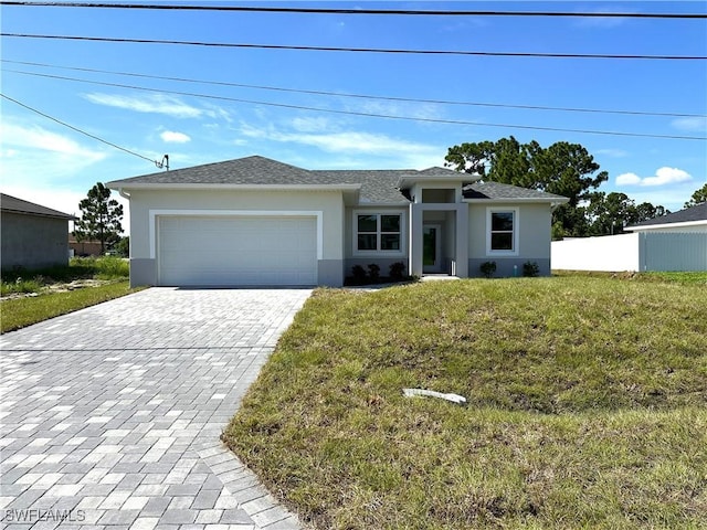 view of front of house with a front yard and a garage