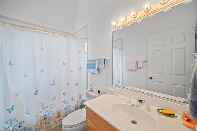 bathroom featuring toilet, vanity, and curtained shower