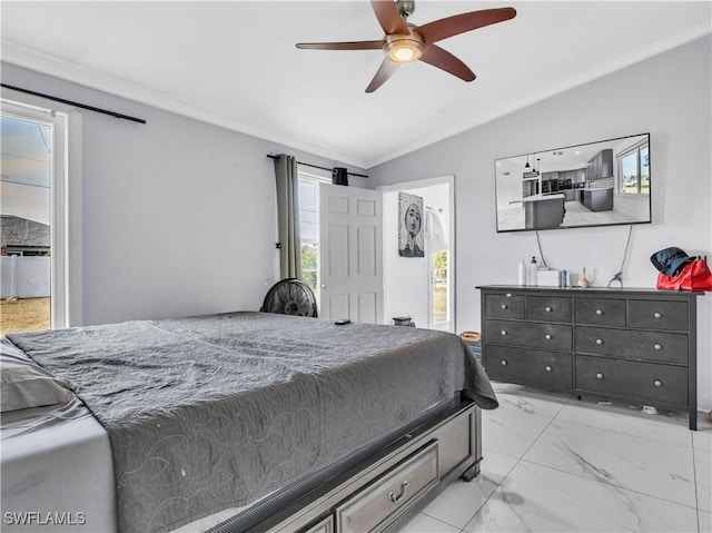 bedroom with vaulted ceiling and ceiling fan