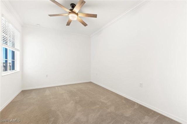 carpeted empty room with ceiling fan and crown molding