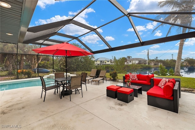 view of patio / terrace featuring glass enclosure, an outdoor living space, and an outdoor pool