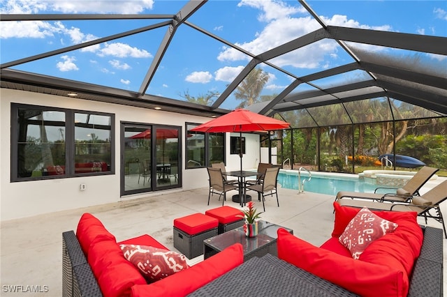 view of patio / terrace with an outdoor pool, glass enclosure, an outdoor living space, and an in ground hot tub