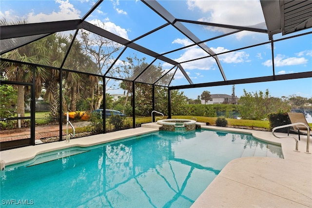 view of swimming pool with glass enclosure, a pool with connected hot tub, and a patio area