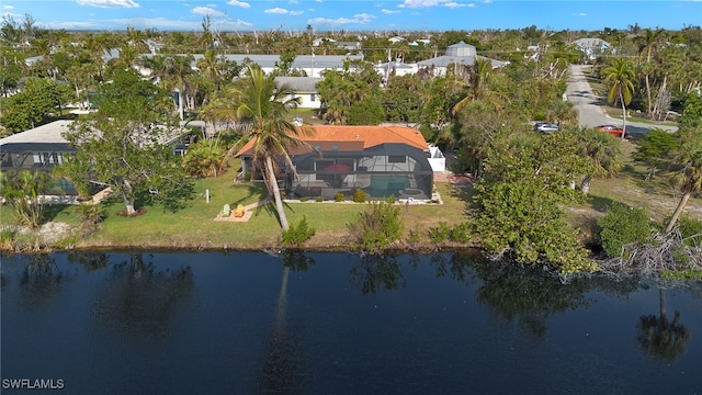 drone / aerial view featuring a water view