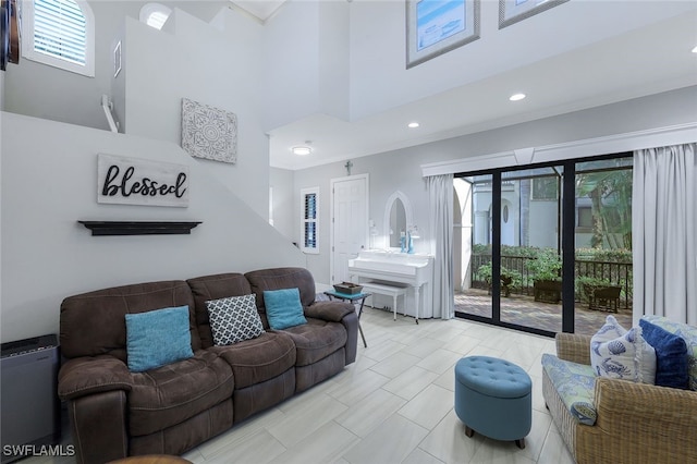 living room featuring a high ceiling and a wealth of natural light