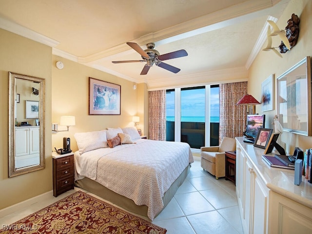 bedroom featuring light tile patterned floors, access to outside, ceiling fan, and crown molding