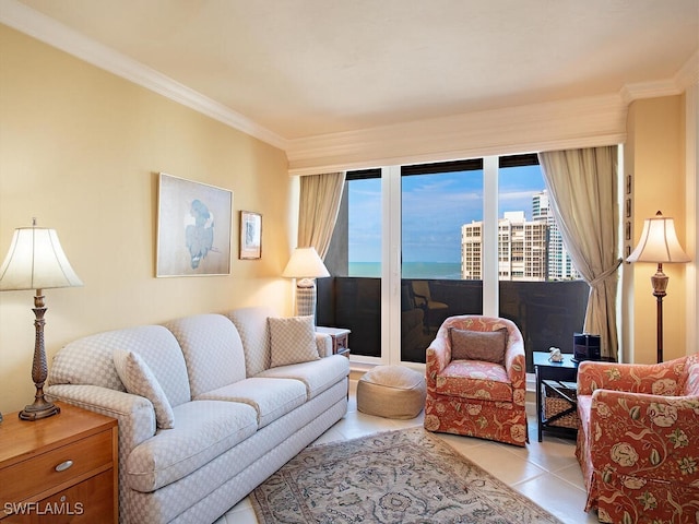 tiled living room featuring ornamental molding