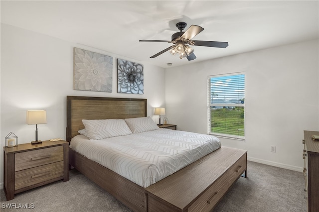 bedroom with ceiling fan and carpet