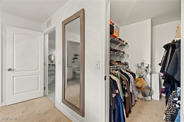 spacious closet with light colored carpet