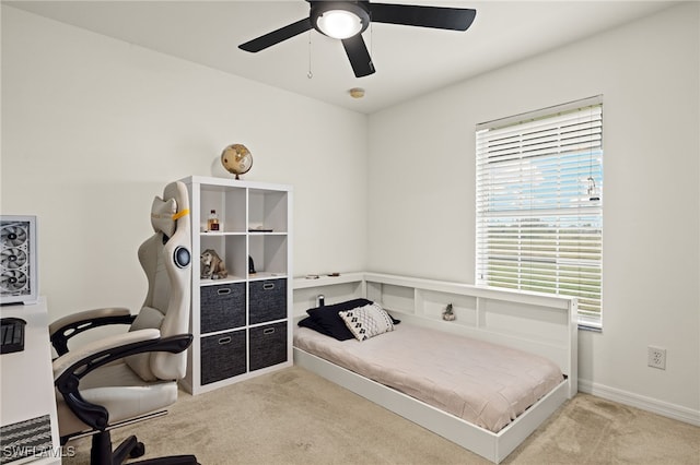 bedroom featuring carpet flooring and ceiling fan