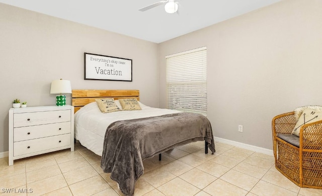 bedroom featuring ceiling fan and light tile patterned flooring