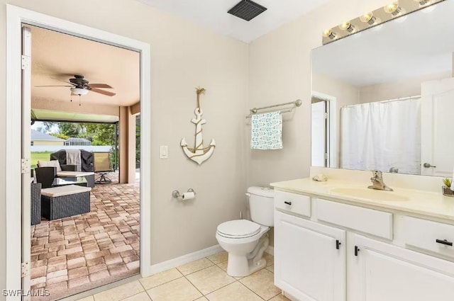 bathroom featuring toilet, vanity, tile patterned floors, and ceiling fan