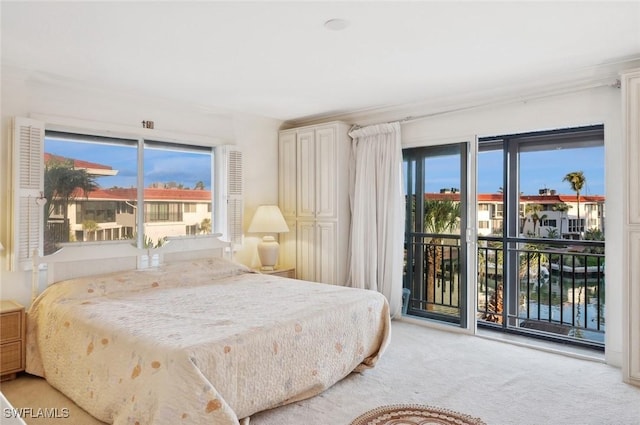 carpeted bedroom featuring ornamental molding and access to outside