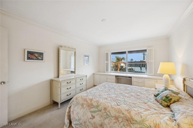 bedroom featuring light colored carpet and ornamental molding