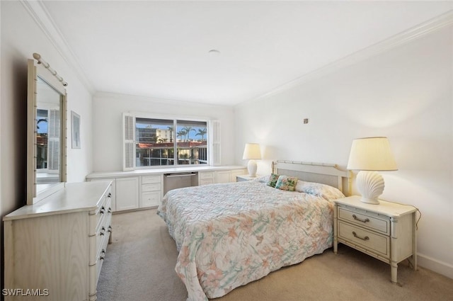 carpeted bedroom with ornamental molding