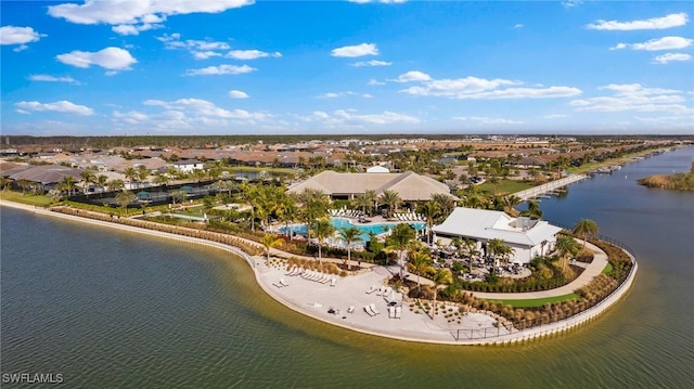 drone / aerial view featuring a water view