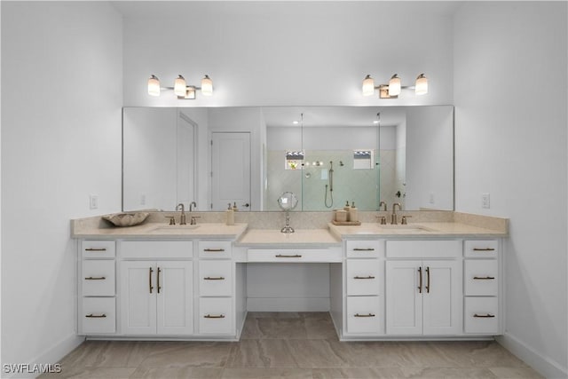 bathroom with a shower and vanity