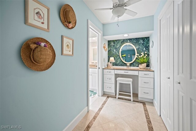 bathroom with vanity, tile patterned floors, and ceiling fan